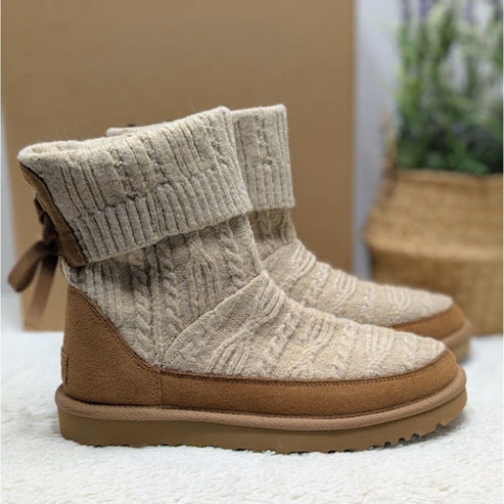 UGG Natural Chestnut Classic Mini Cabelle Knit Suede Leather Boots Women's 8 NIB - Picture 4 of 14